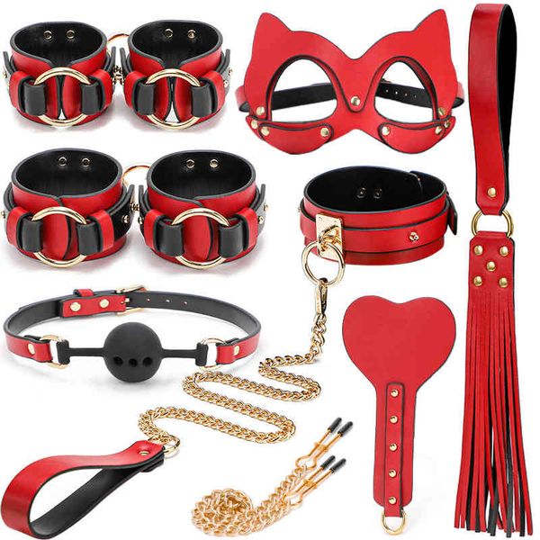 Schwarzer Wolf Rot Gehobenes Echtleder Fesseln Cosplay Bondage Set SM Handschellen Knebel Peitsche Nippelklemmen Spiele für Erwachsene