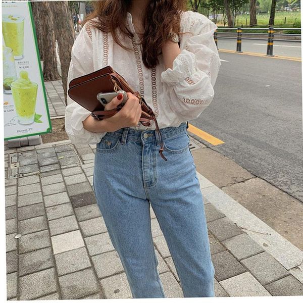 

women's blouses & shirts spring autumn french polka dot chain hook flower hollow lace blouse solid color loose long-sleeved ll421, White