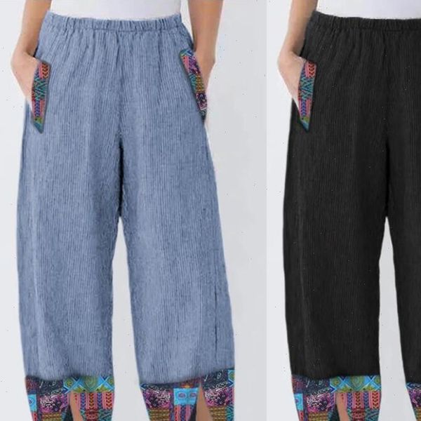

30h women leggings cotton linen pants loose print elastic waist irregular plus size trousers casual wide leg, Black