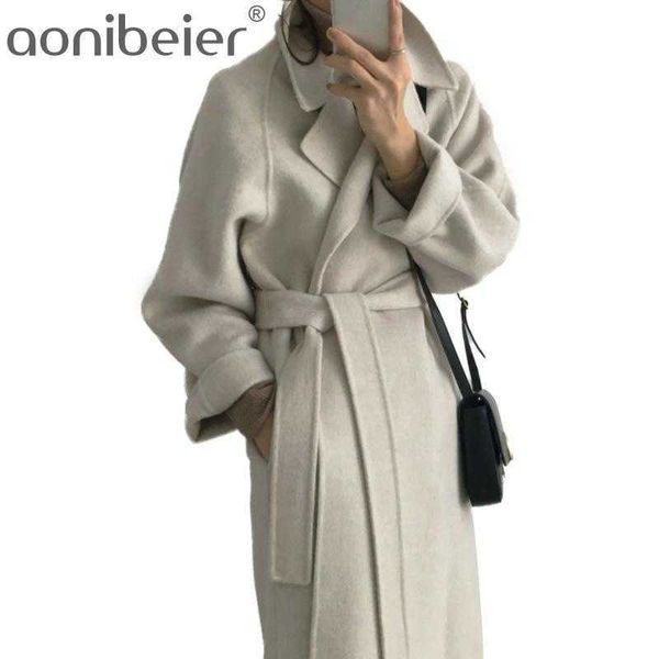 

autumn winter minimalist full sleeve wool woolen coat long warm color fashion casual loose with belt 210604, Black