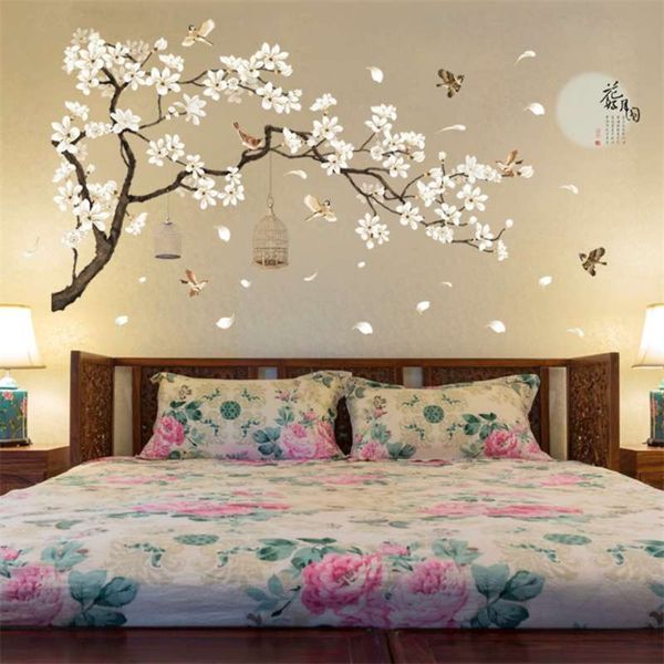 Grande Tamanho Árvore Adesivos de Parede Pássaros Flor Home Decor Wallpapers para sala de estar Quarto DIY Vinil Rooms Decoração 187 * 128cm 210929