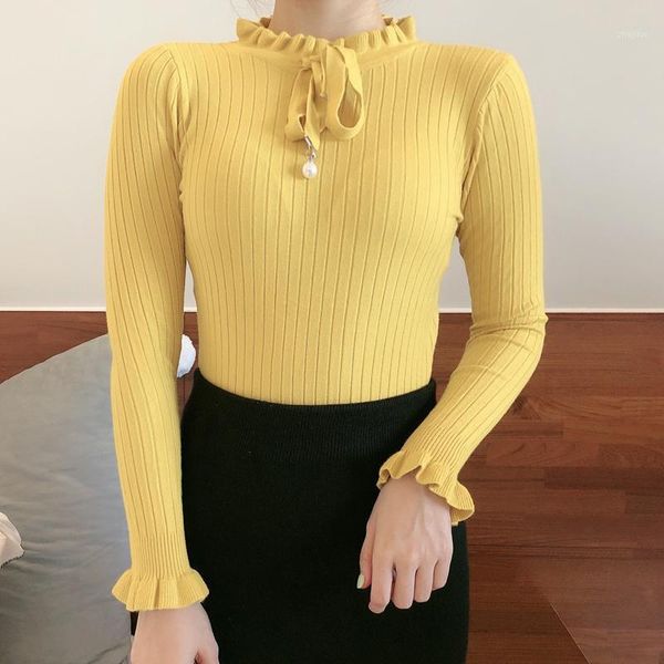 

shintimes ruffled collar knitted sweater women fall 2021 long sleeve woman sweaters elastic basic korean style lace up pullover women's, White;black