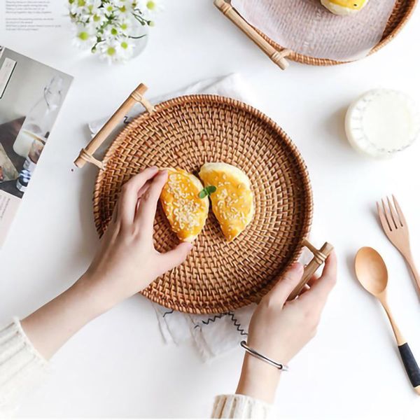 

storage baskets european retro rattan hand woven round with handle tray wrought vintage bread home decoration garden restaurant