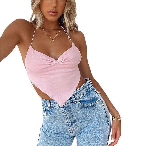 

women's tanks & camis women fashion backless ruched stylish sleeveless solid color rib for ladies female white/pink/yellow/blue