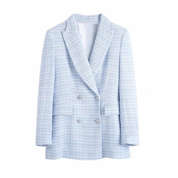 

women's suits & blazers spring autumn stylish girl double breasted za blue slim long women casual sleeve texture plaid jacket outw, White;black