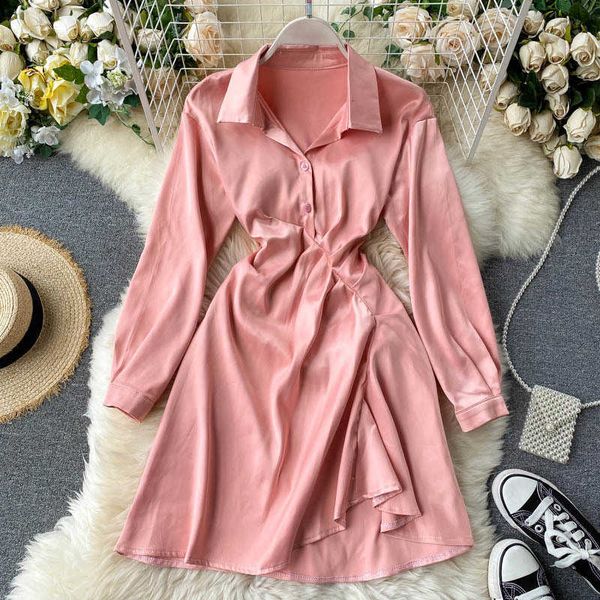 

casual dresses light cooked style dress women's spring satin shirt with pleated waist and thin temperament m3k4, Black;gray