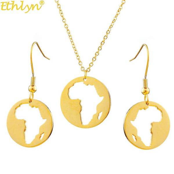 

earrings & necklace ethlyn stainless steel african maps jewelry set gold color hip-hop style round africa map pendant necklaces for women, Silver