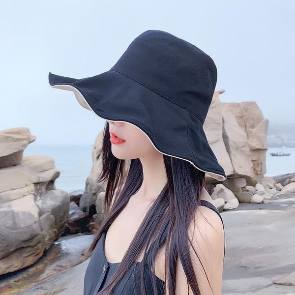 

net red double-sided fisherman's hat summer sunscreen sun outdoor travel women bucket wide brim hats for female caps &, Yellow