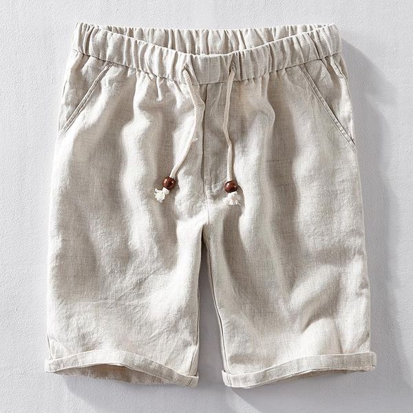 

men's shorts men summer fashion japan style 100% linen elastic waist male solid color simple casual slim daily pan, White;black