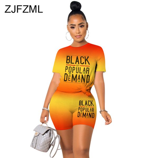 

gradient letter print women suits slim fit o neck t shirt and shorts 2 piece sets casual elastic sportwear jogger suit plus size 210520, White