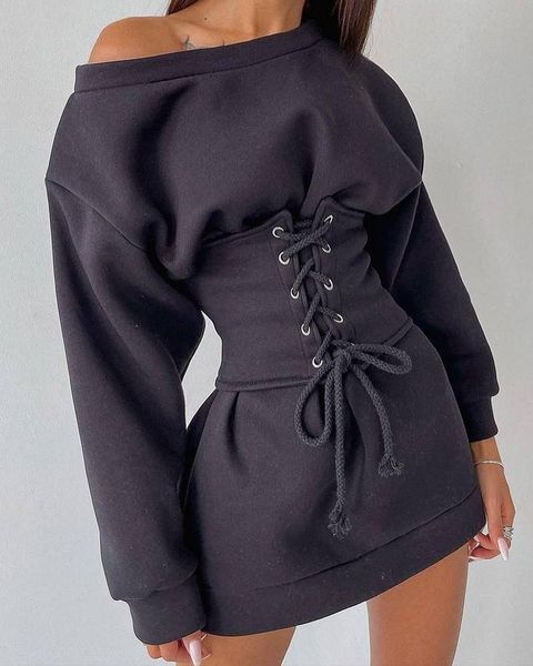 

casual dresses long sleeve eyelet lace-up corset dress, Black;gray