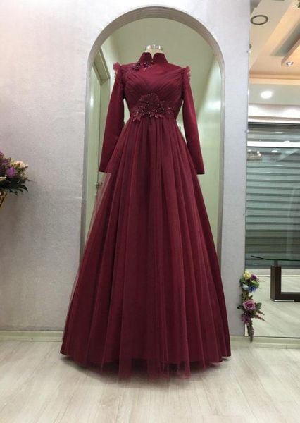 

party dresses flowers appliques muslim prom dress 2021 high neck long sleeve pleats saudi arabic evening formal gowns, White;black