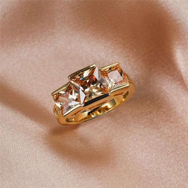 

wedding rings luxury champagne crystal zircon square stone for women jewelry vintage fashion yellow gold engagement promise ring, Slivery;golden