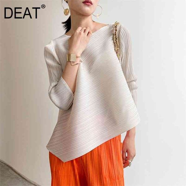 

deat pleated t-shirt women irregular hem round collar full sleeve pullover casual style loose summer fashion xq373 210722, White