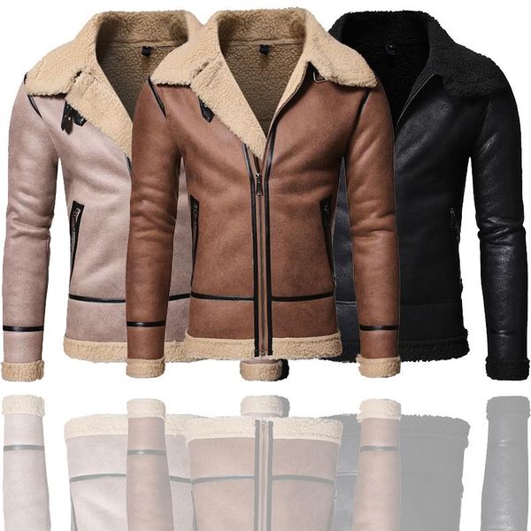 

men's jackets winter men faux leather jacket thick highneck plus velvet warm fur liner lapel zipper outwear coat windproof motorcycle, Black;brown
