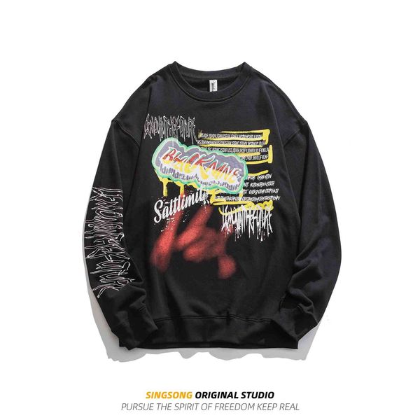 

the fine fleece hoodies men's spring and autumn wear street trend hip hop personality letter print rock roll round neck pullover coat, Black