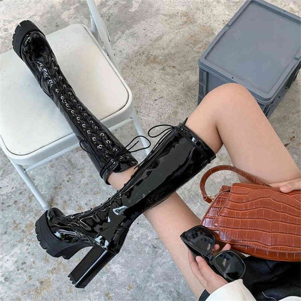 

boots pxelena punk rock gothic knight motorcycle knee high women patent leather block heels lace up platform riding 34-43 hpzk, Black