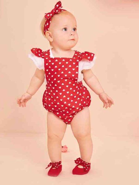 Bebê Coração Print Criss Cross plissado guarnição Bodysuit geral com headband ela