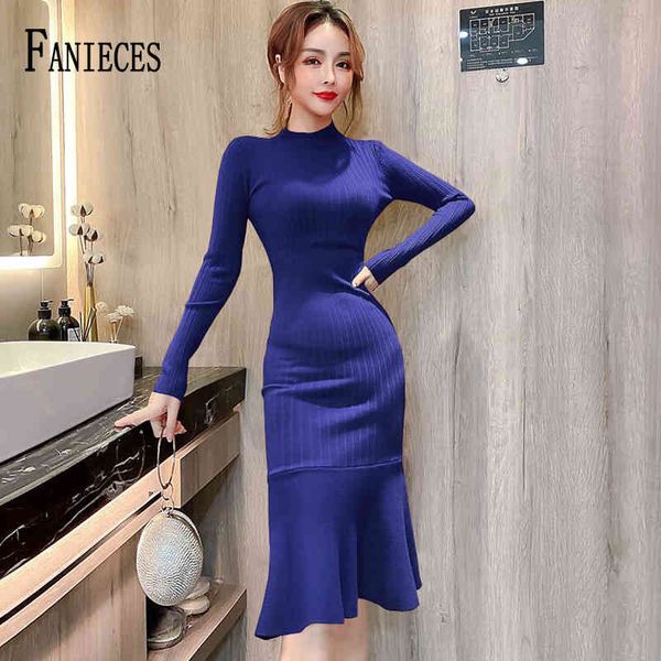 

bodycon knitted dress women stretchy long sleeve solid basic slim midi winter dresses female casual party vestido de mujer 210520, Black;gray