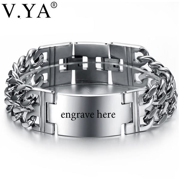 V.Ya Wide Wristband Corrente Homens Menino Punk De Aço Inoxidável Moda Gravado Nome ID Exclusivo Braceletes Bangle para Masculino