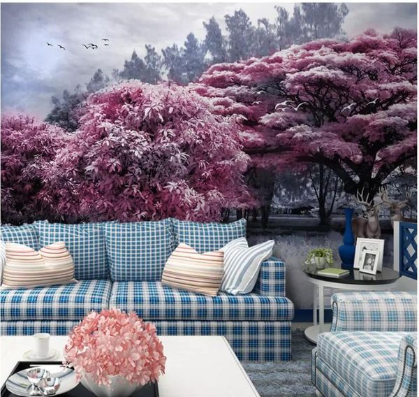

wallpapers 3d mural wallpaper pink forest big tree elk landscape background wall painting custom any size