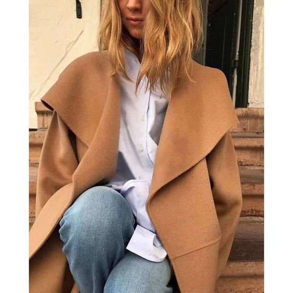 

women's wool & blends winter long sleeve casual large turn-down collar jacket female outwear with pockets woolen coat cardigan loose, Black