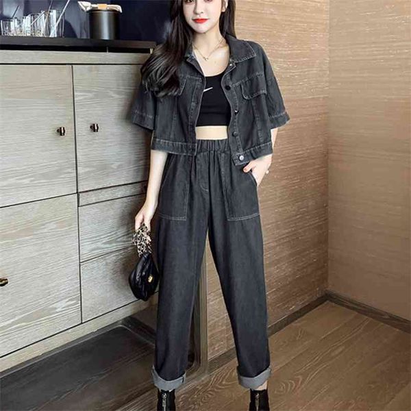 

autumn korean style casual denim two piece set women crop + elastic waist jeans 2 pants suit outfits 210514, White