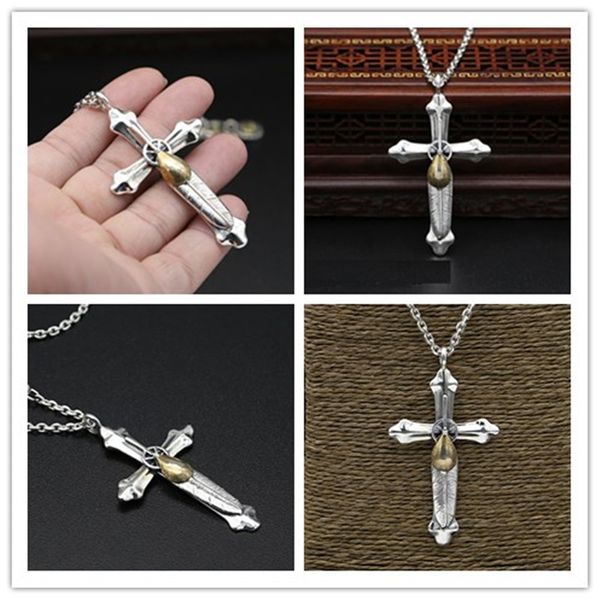 

new 925 sterling silver handmade feather cross pendant designer jewelry antique silver crosses necklace pendants 2-tone colors without chain