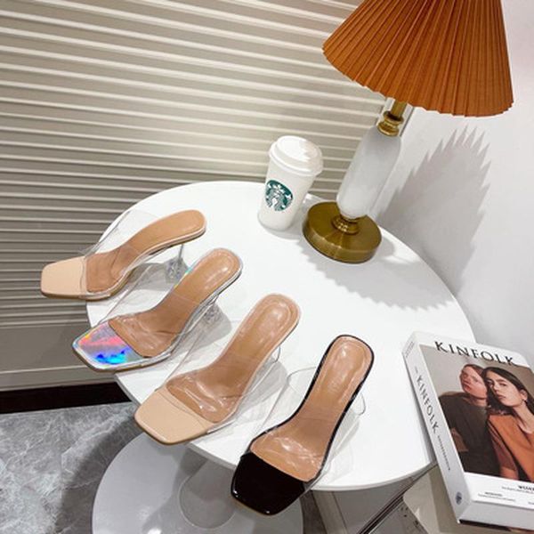 

sandals fashion transparent square high heels pvc women slippers head peep toe outside party summer 2021 open shoes, Black