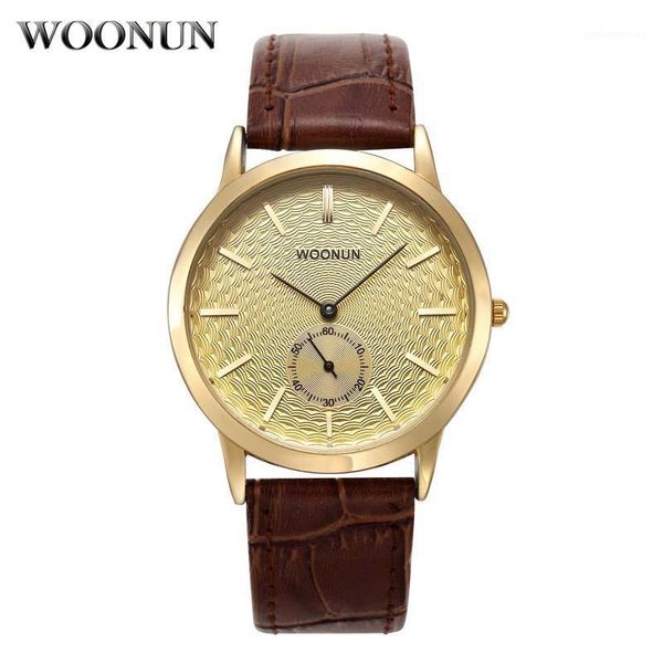 

men watches genuine leather watchband thin mens quartz small seconds jam tangan wristwatches, Slivery;brown