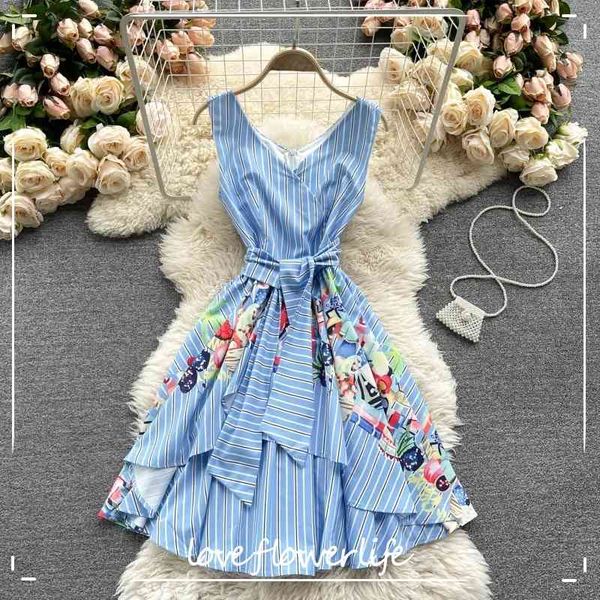 

summer chic irregular ruffles short dress women retro stripe tank dress korean fashion v neck sleeveless a-line dress 210521, Black;gray