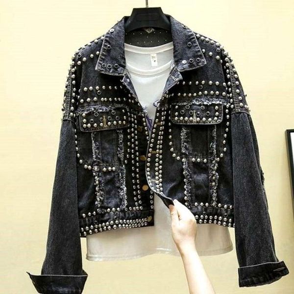 

women's jackets rivet beading frayed short denim coat womhigh sen high streetwear loose jean jacket female cool trendy outwear, Black;brown