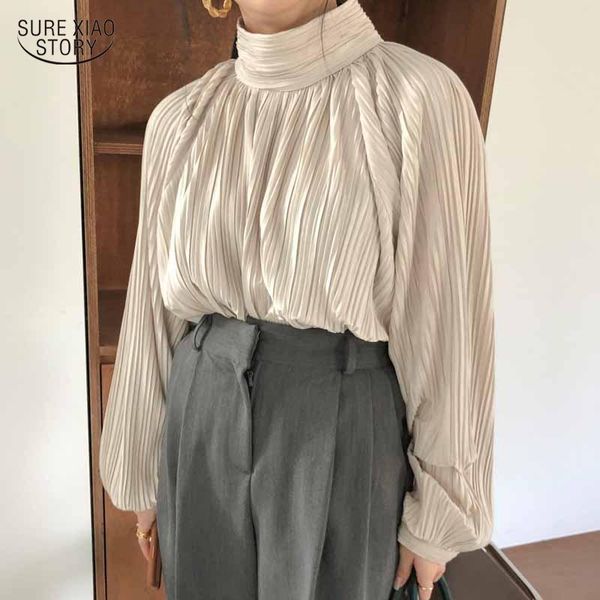 

women's blouses & shirts 2021 spring folds fashion autumn loose lantern sleeve women chic solid turtleneck pleated lady blusas 12639, White