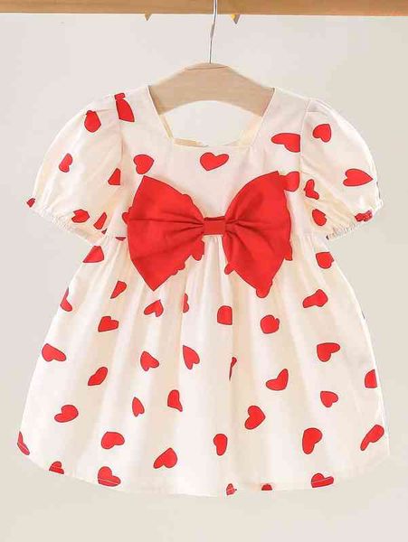 

baby heart print puff sleeve bow front dress she, Red;yellow