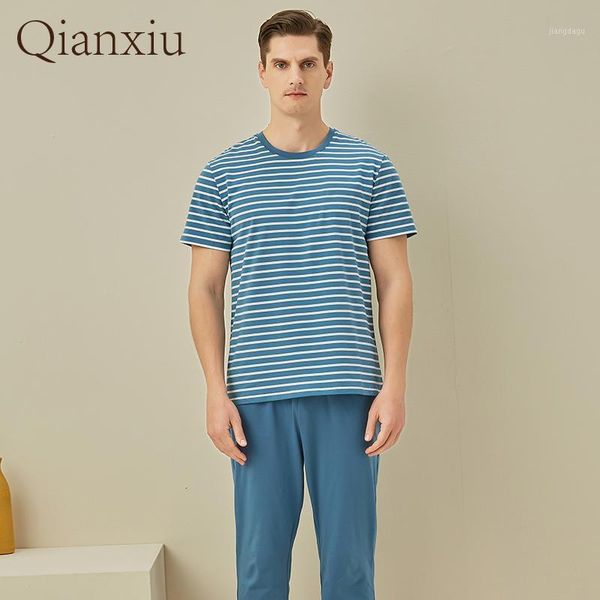 

summer men cotton pajama sets male short sleeve round collar t shirt & pants couples matching casual stripe sleepwear suit xxl men's, Black;brown