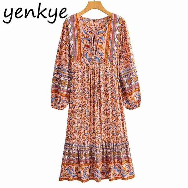 

vintage floral print holiday boho dress women lace up o neck long sleeve sashes a-line summer casual plus size 210514, Black;gray