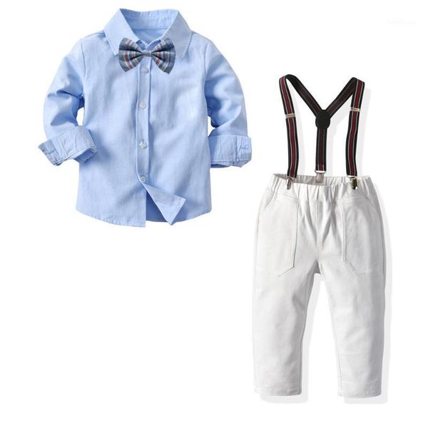 

clothing sets spring and autumn boys long sleeve solid color shirt + suspender trousers with bow tie children's gentleman set1, White