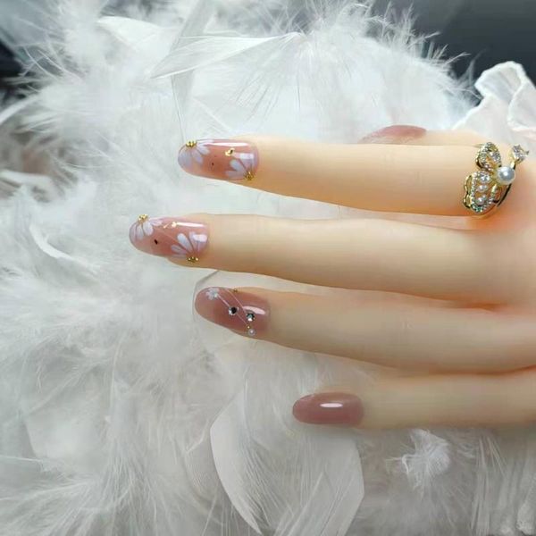 

false nails 24pcs flower printed nail patch full cover detachable press on tips fashion manicure tool with glue, Red;gold