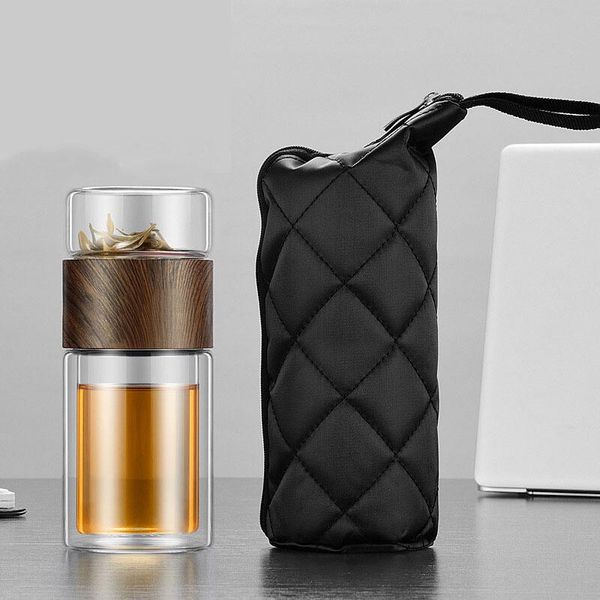 

double wall glass tea water bottle with bag infuser filter portable bussiness gift for man thermal mugs wine glasses