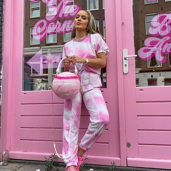 

summer loose tracksuit women casual print tie dye 2 pieces set puff sleeve long tshirt and sweatpants outfits two piece dress, White