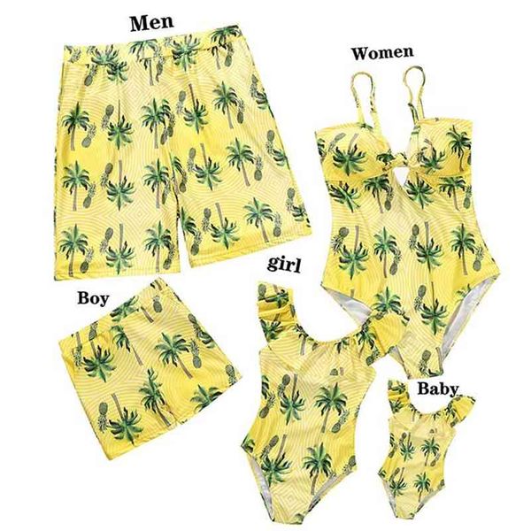 

leaf swimsuit family matching outfits look mother daughter swimwear mommy and me bikini clothes father son swimming shorts 210417, Blue