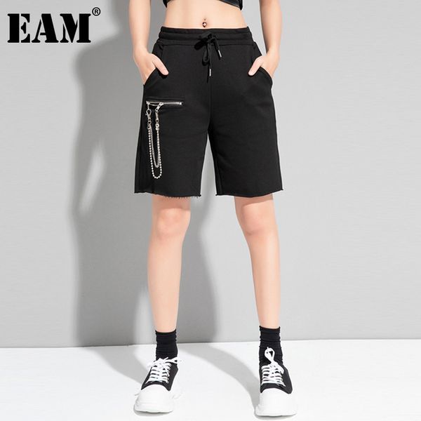 

[eam] women black pockets zipper chain wide leg shorts high elastic waist loose trousers fashion spring summer 1dd8079 21512, White;black