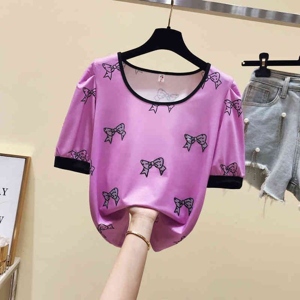 

summer women's short sleeves bow rhinestone t-shirt ladies casual pullover tee a3255 210428, White