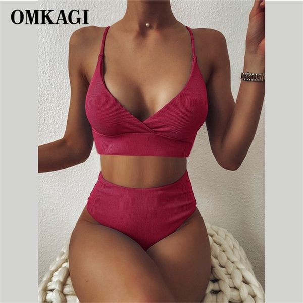 

omkagi women swimsuit ribbed high waist solid black white push up bikini sets swimwear female with padded bathing suit, White;black