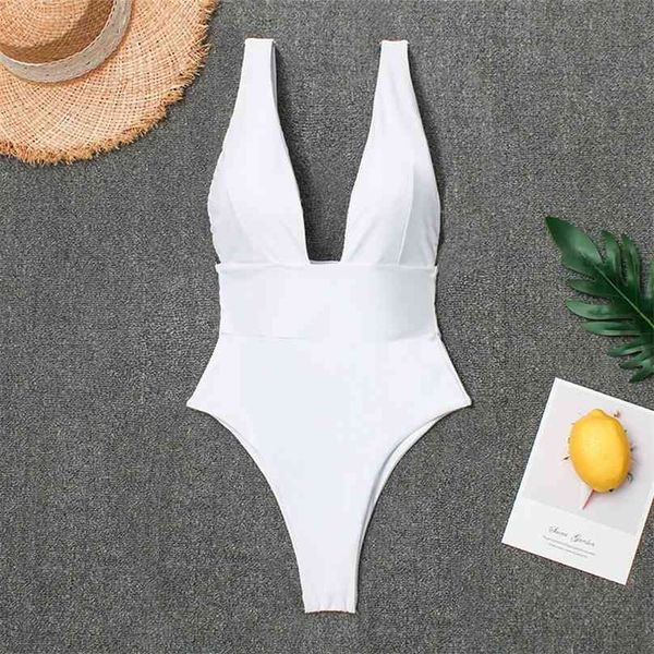 Deep V Branco Monokini Pulso Tanga Tanga Terno de Banho Mulheres Bodyuit Bodysuit Swim Wear Feminino Sexo Swimwear 210611