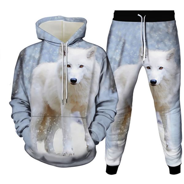 

sportswear for men women, hoodie trousers, animal pattern casual sportswear, wolf and tiger, harajuku style, 2 piec, Gray
