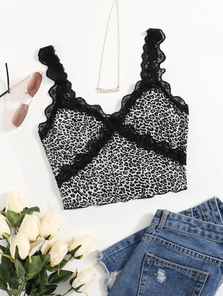 

lace trim leopard cami 45xe#, White