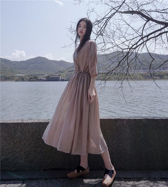 

super comfortable summer light tencel cotton simple woman's robe elegant v-neck dress single-layer, Black;gray