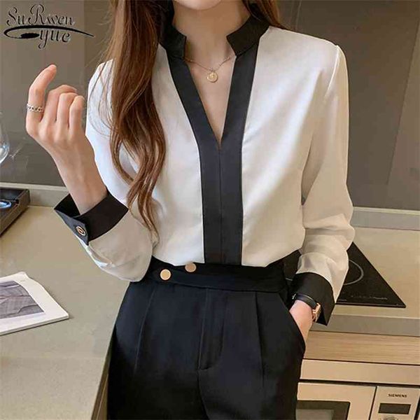 

new white long sleeve chiffon women's shirts autumn casual v-neck blouse women solid ladies pullovers blusas 11189 210401