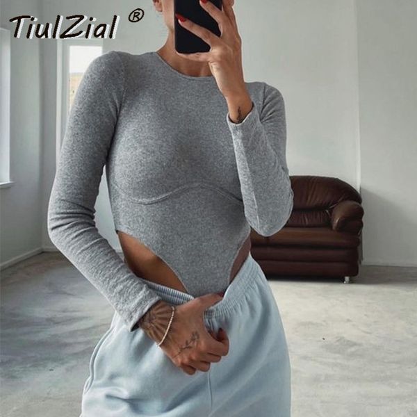 

2021tiulzial o neck high waist bodysuit ribbed knitted bodysuit women autumn body female for woman hollow out white gray, Black;white